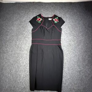 Hell Bunny Vixen Rockabilly Wiggle Dress XL Black Embroidered Pinup